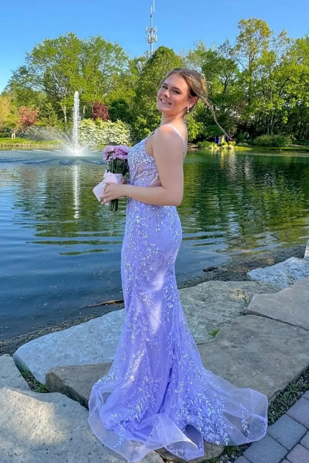 Square Neck Backless Prom Dress with Floral Embroidery & Train