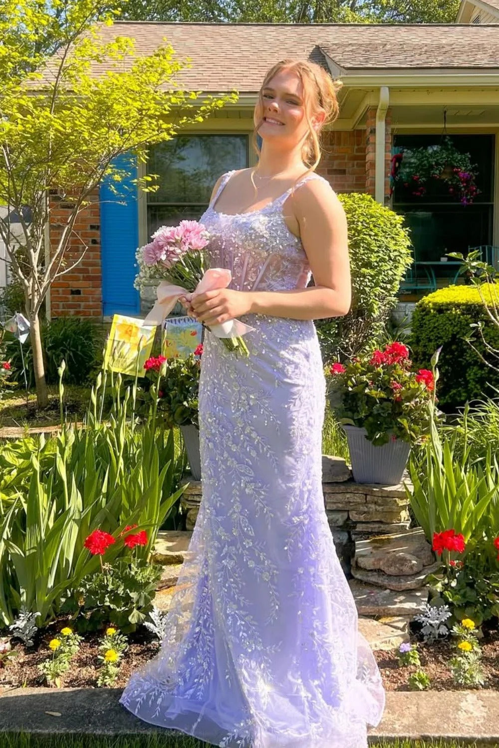 Square Neck Backless Prom Dress with Floral Embroidery & Train