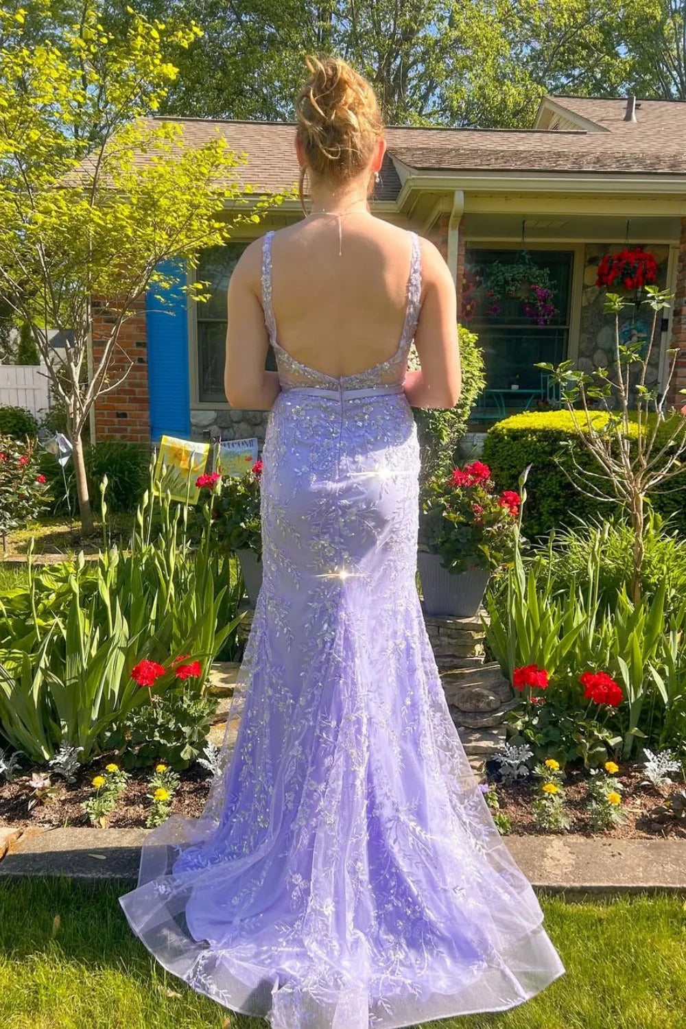 Square Neck Backless Prom Dress with Floral Embroidery & Train