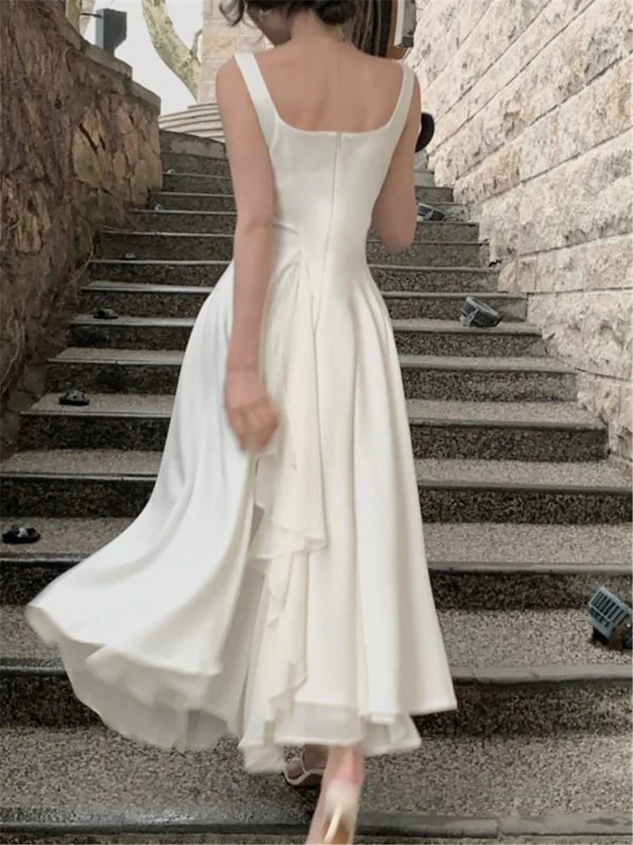 Square Neck Sleeveless Chiffon Evening Dress Flowy Layered A Line Maxi Formal Wedding Guest Party Gown