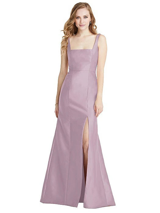 Abendkleid in Bodenlänge mit schulterfreiem, ärmellosem, rückenfreiem und quadratischem Ausschnitt und Seitenschlitz