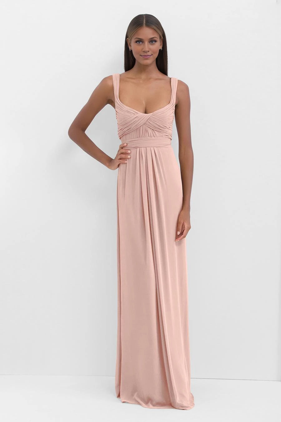 Schulterfreies, ärmelloses, rückenfreies und bodenlanges Abendkleid mit quadratischem Ausschnitt und Plissee-Details