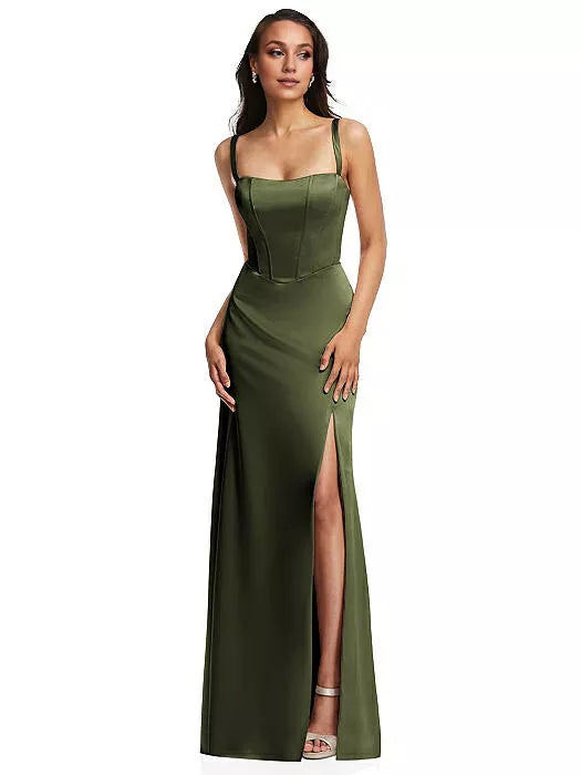 Square neckline off shoulder sleeveless thin shoulder straps backless and floor length Prom dress