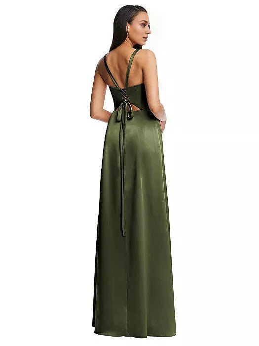 Square neckline off shoulder sleeveless thin shoulder straps backless and floor length Prom dress