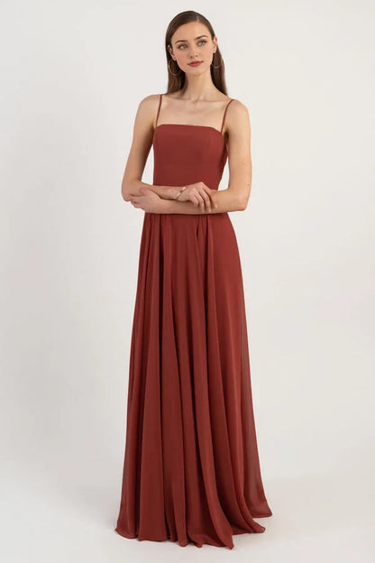 Square neckline sleeveless thin shoulder strap backless and floor length evening dress