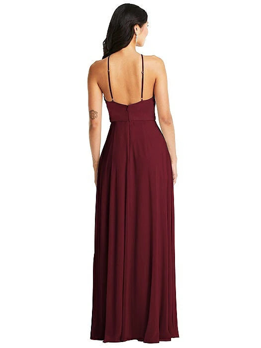 Abendkleid mit quadratischem Ausschnitt, ärmellosen, dünnen Schulterträgern, sichtbarem Schlitz auf der Rückseite und bodenlanger Länge