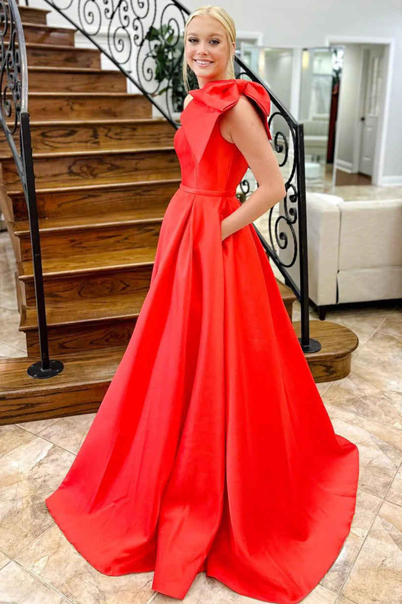 Statement A-Line One-Shoulder Bow-Front Satin Floor-Length Prom Dress