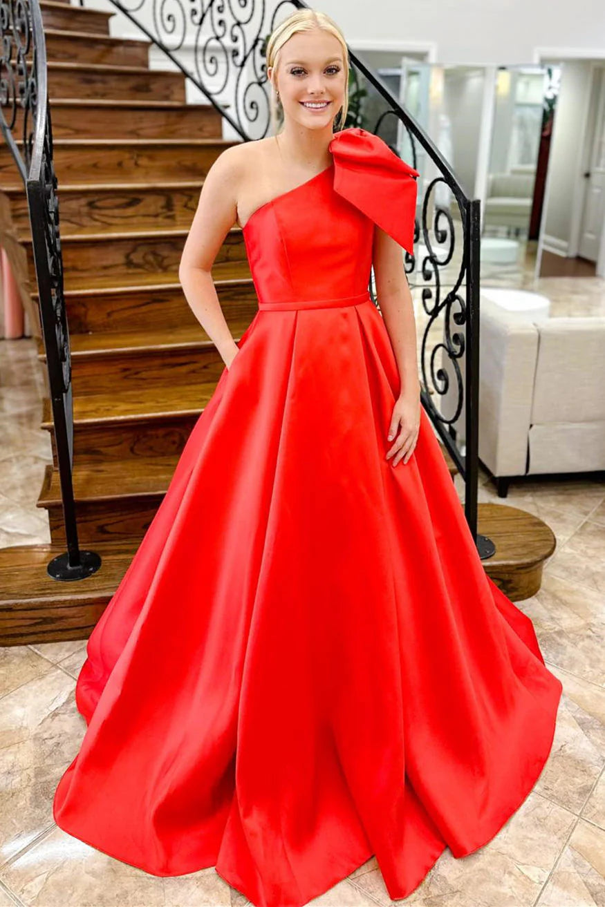 Statement A-Line One-Shoulder Bow-Front Satin Floor-Length Prom Dress