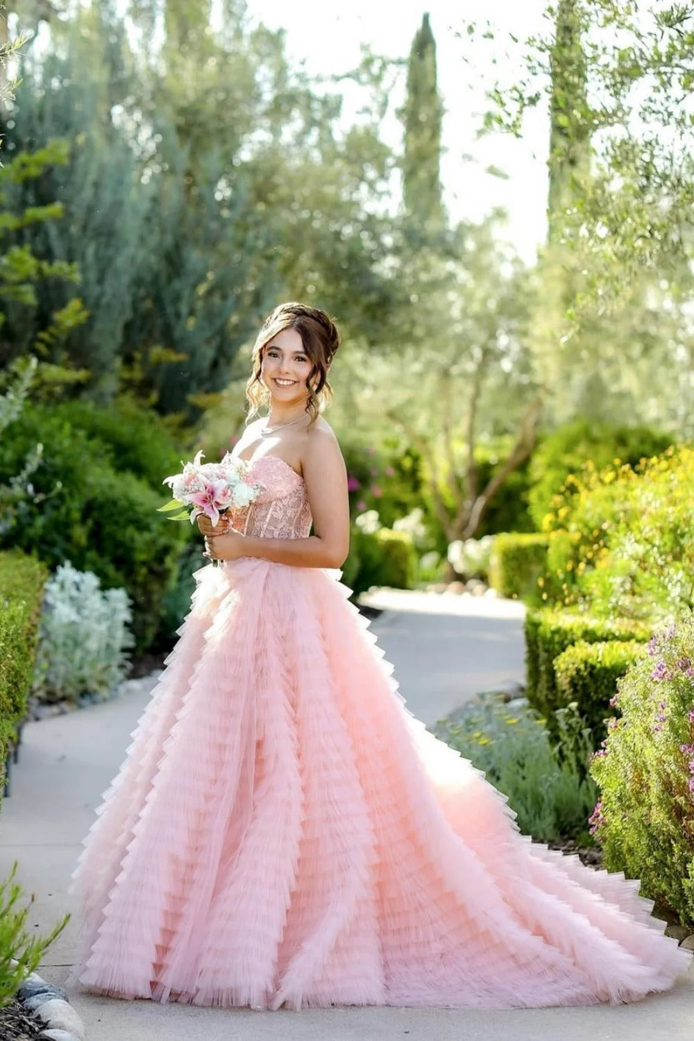 Strapless Lace Corset Prom Dress with Tiered Skirt & Train