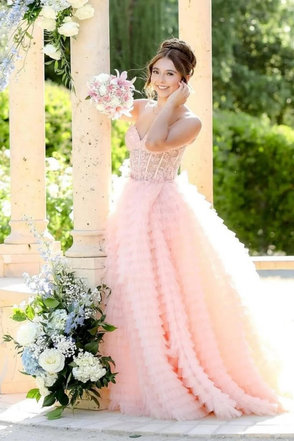Strapless Lace Corset Prom Dress with Tiered Skirt & Train