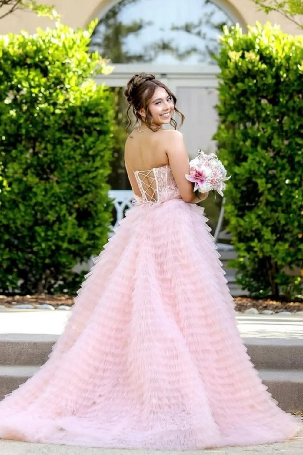 Strapless Lace Corset Prom Dress with Tiered Skirt & Train
