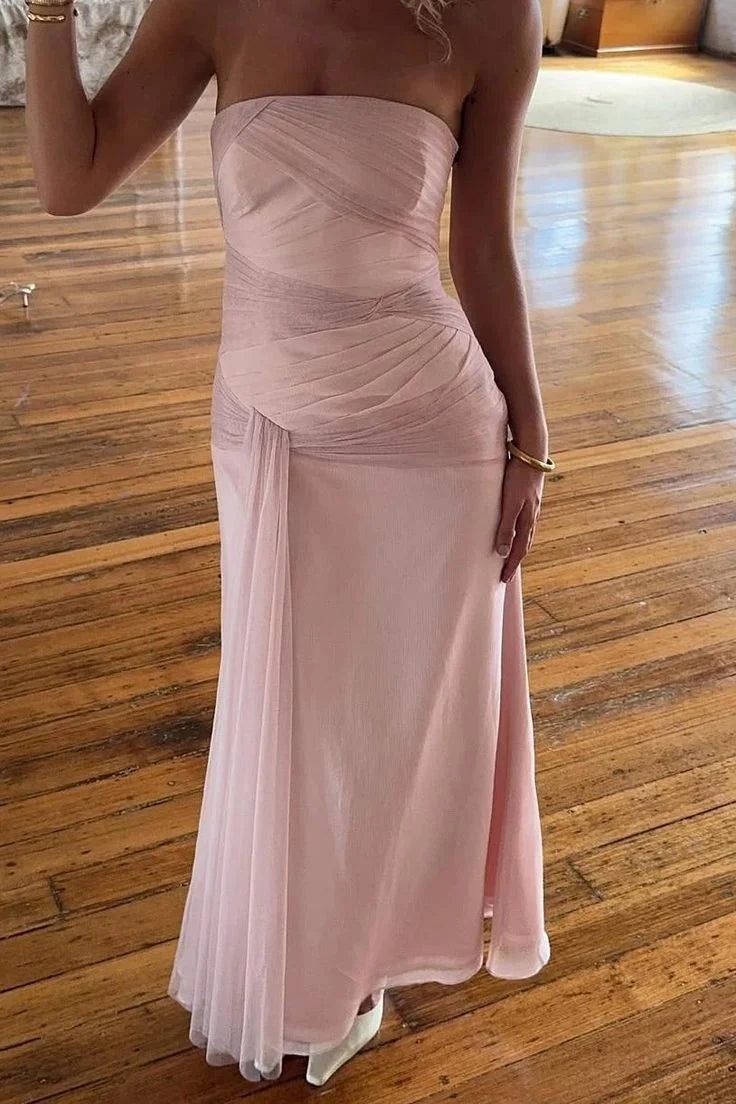 Strapless Ruched Chiffon Spliced Evening Dress with Draped Bodice & Flowy Maxi Silhouette
