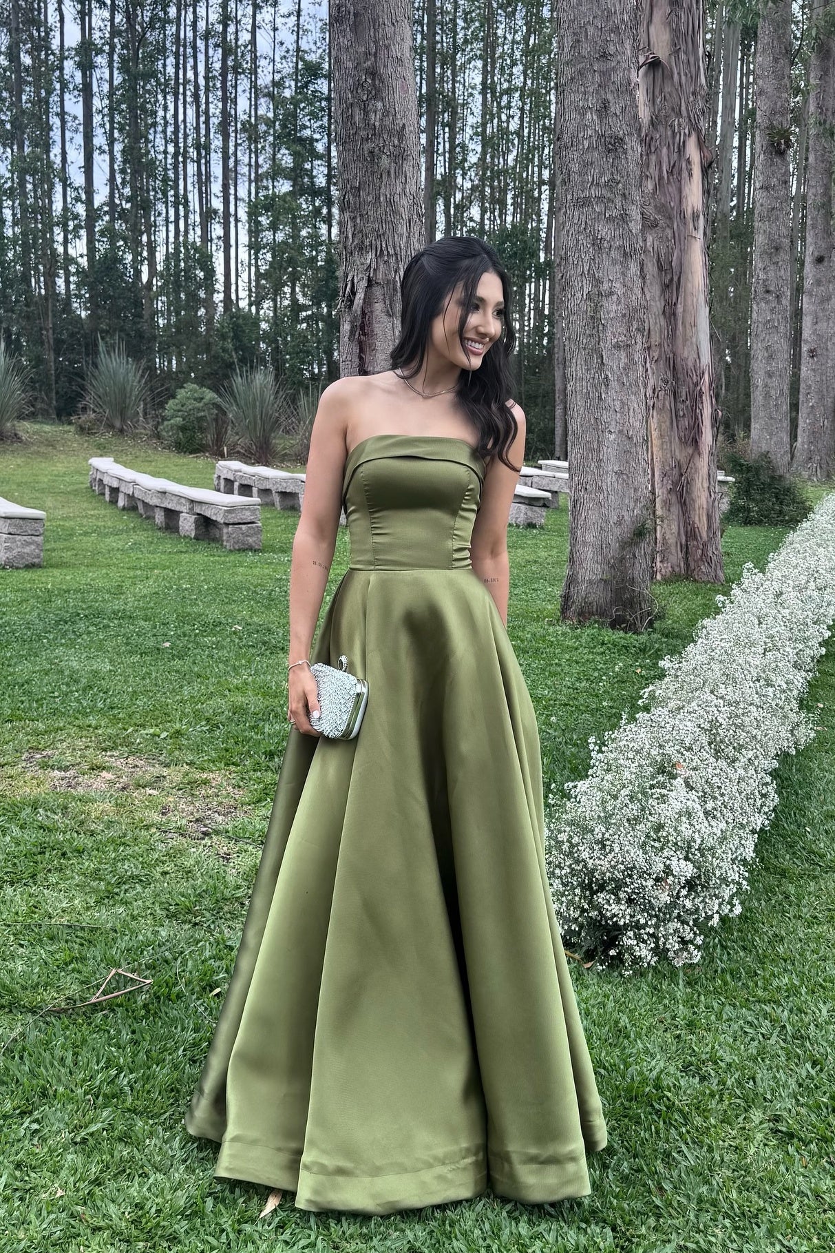 Strapless Satin A-Line Evening Dress with Lace-Up Open Back & Wide Hemline