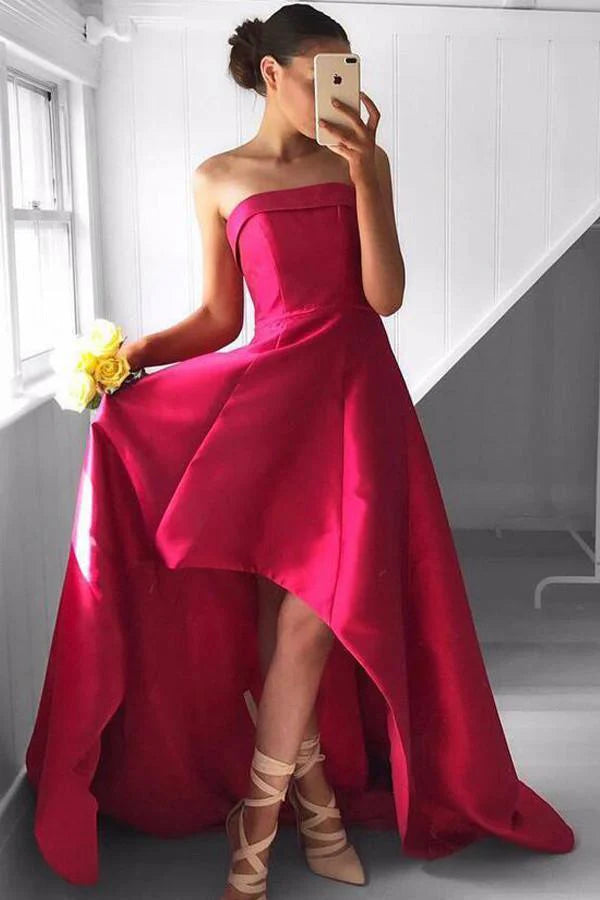 Strapless Satin Prom Dress with High-Low Hem and Sweeping Train