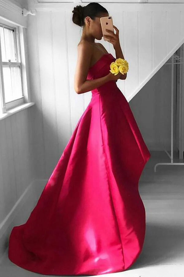 Strapless Satin Prom Dress with High-Low Hem and Sweeping Train