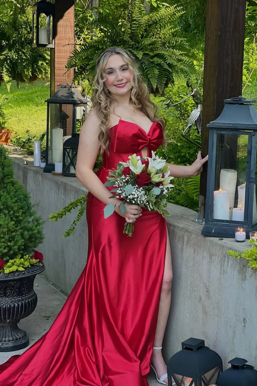 Strapless Sweetheart Prom Dress with Bow Detail, High Slit & Train