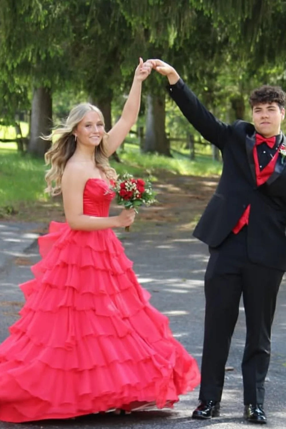 Strapless Sweetheart Prom Dress with Tiered Skirt & Train