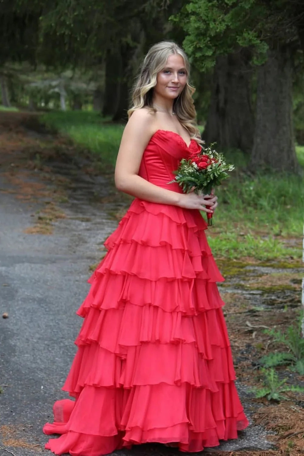 Strapless Sweetheart Prom Dress with Tiered Skirt & Train