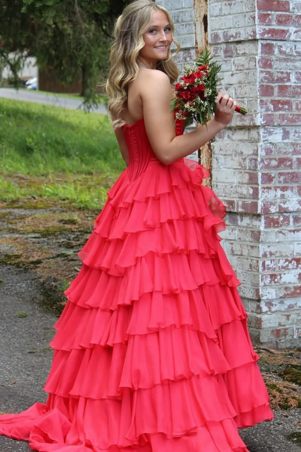 Strapless Sweetheart Prom Dress with Tiered Skirt & Train