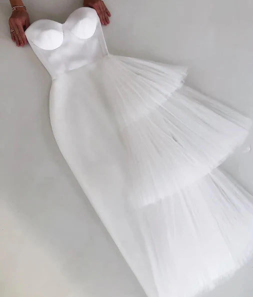 Strapless Tulle Ruffle Prom Dresses Sweetheart Asymmetrical Hem Formal Evening Gown