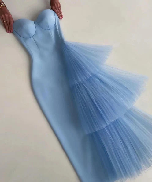 Strapless Tulle Ruffle Prom Dresses Sweetheart Asymmetrical Hem Formal Evening Gown
