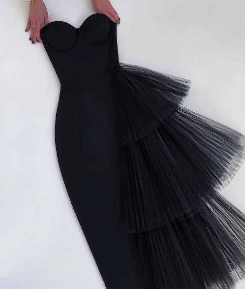 Strapless Tulle Ruffle Prom Dresses Sweetheart Asymmetrical Hem Formal Evening Gown