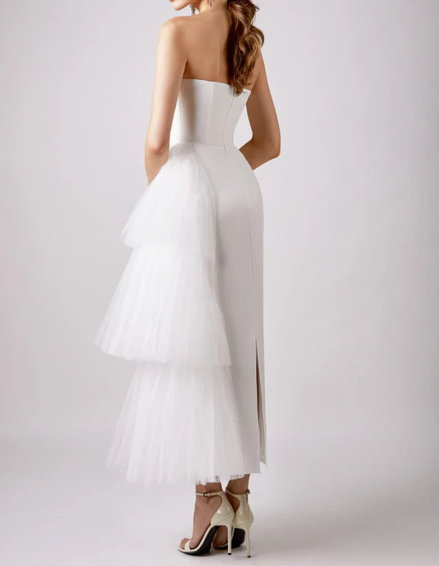 Strapless Tulle Ruffle Prom Dresses Sweetheart Asymmetrical Hem Formal Evening Gown