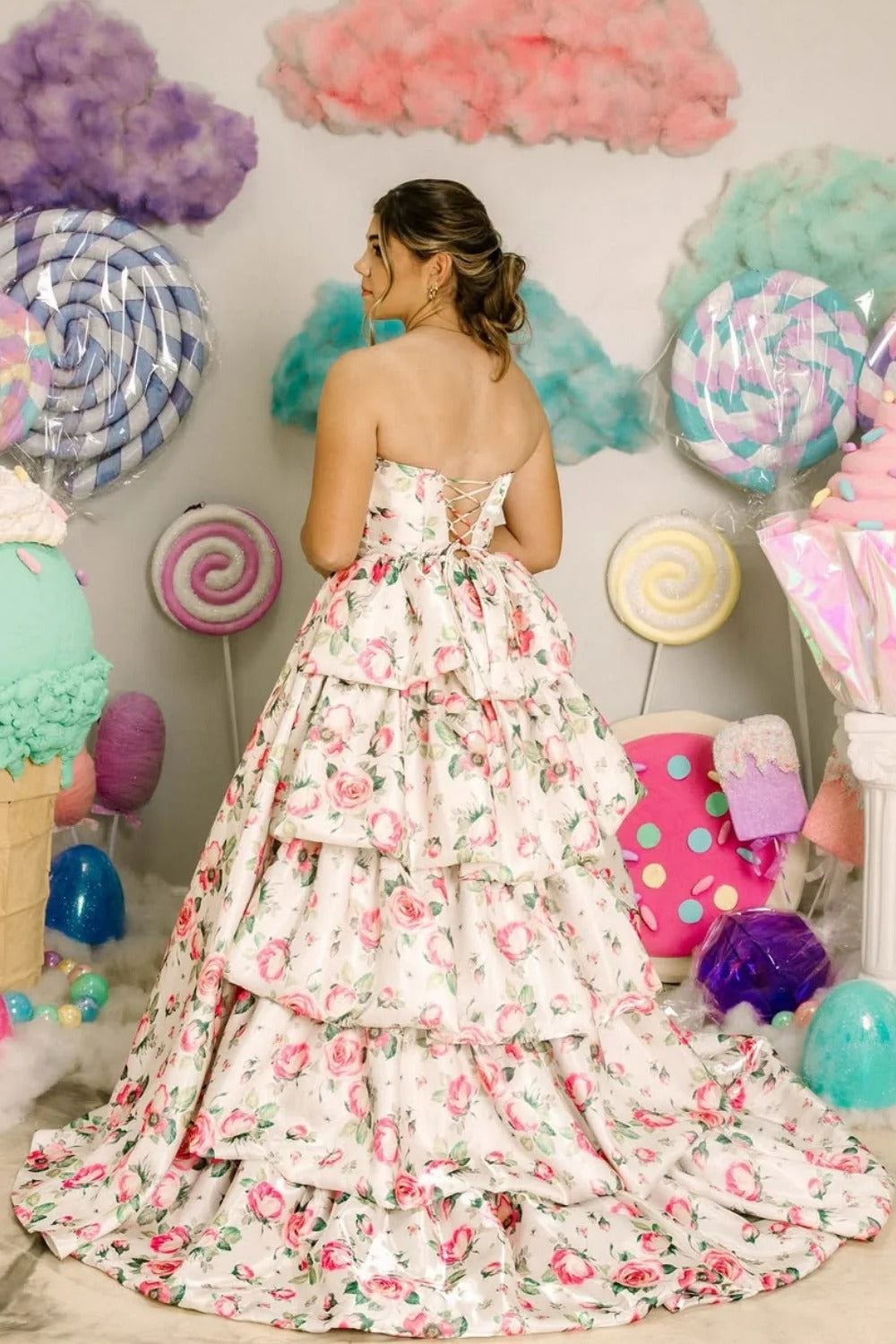 Strapless V-Neck Prom Dress with Tiered Ruffled Skirt & Lace-Up Back