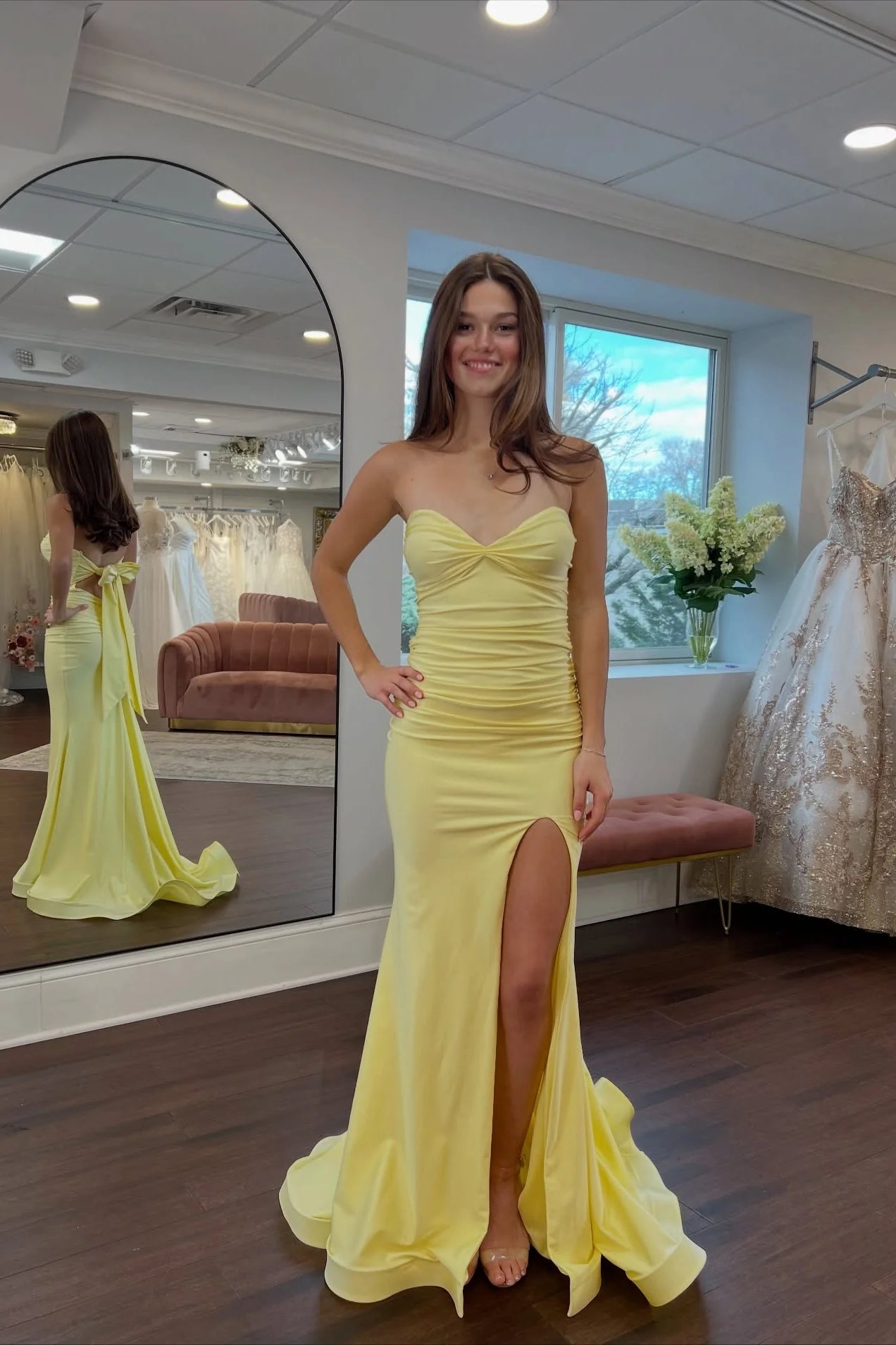 Strapless Sweetheart Ruched Mermaid Evening Dress with Back Bow Tie, High Slit and Sweep Train