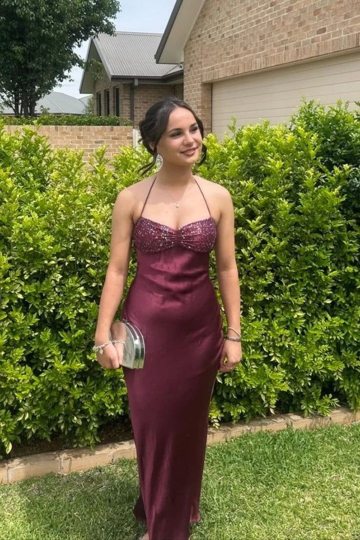 Satin Halter Prom Dress with Beaded Bodice, Lace-Up Back and Mermaid Skirt