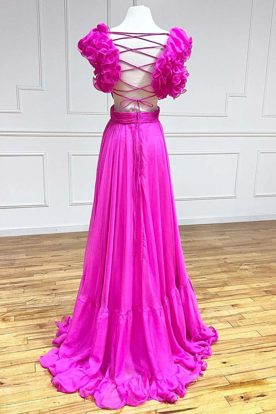 Striking A-Line Sweetheart Ruffled-Shoulder Lace-Up Floor-Length Prom Dress