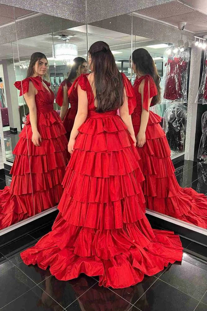 Striking A-Line V-Neck Bow-Shoulder Tiered Ruffle Floor-Length Prom Dress