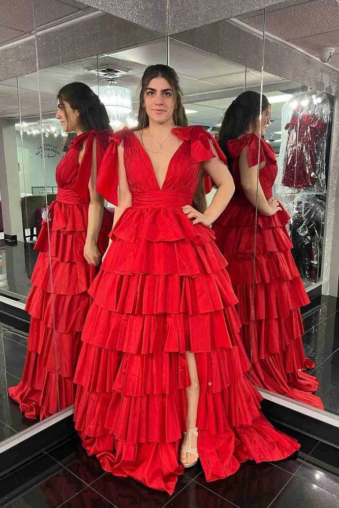 Striking A-Line V-Neck Bow-Shoulder Tiered Ruffle Floor-Length Prom Dress