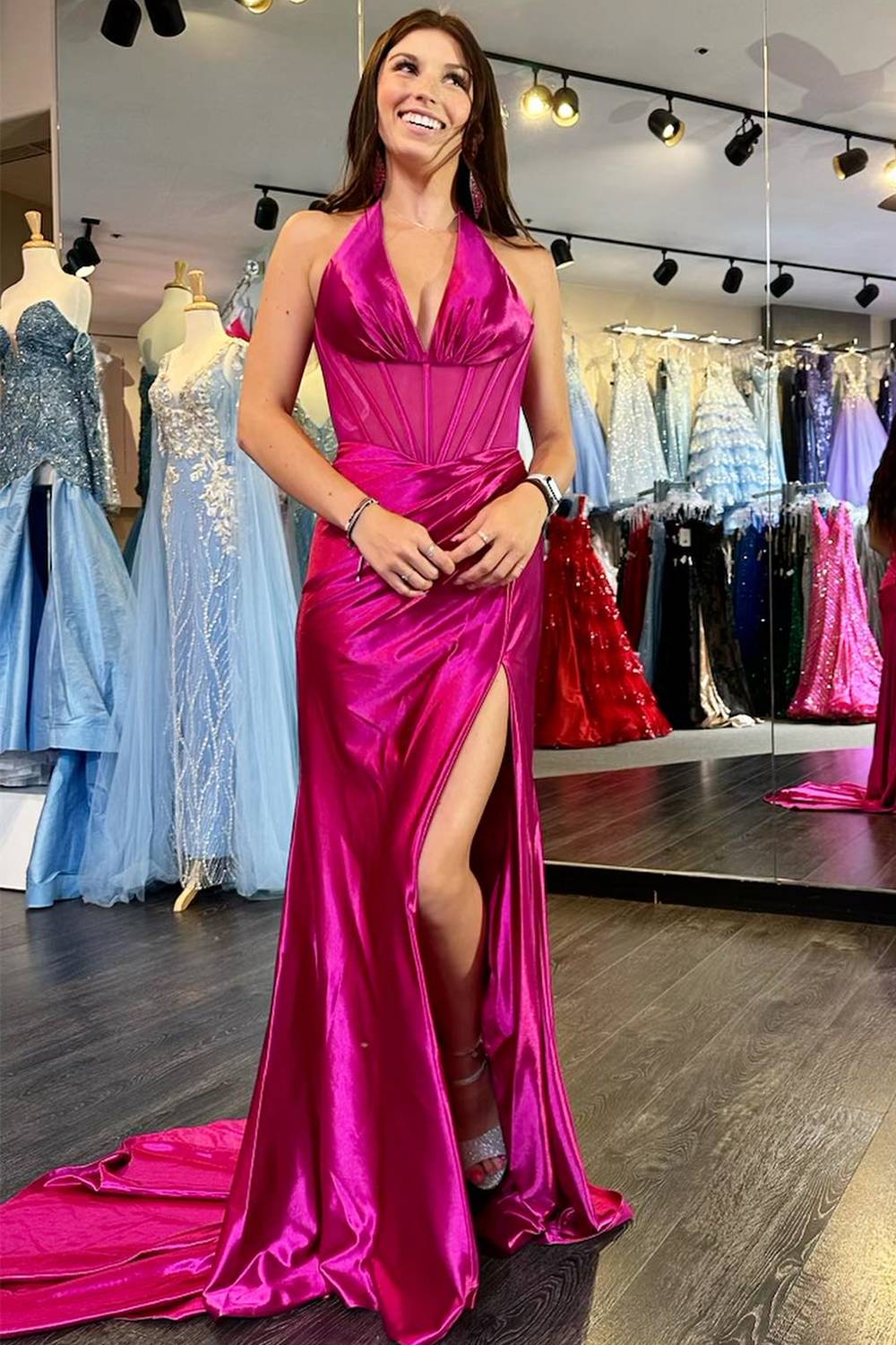 Striking Mermaid Halter-Neck Sheer-Corset High-Slit Floor-Length Prom Dress