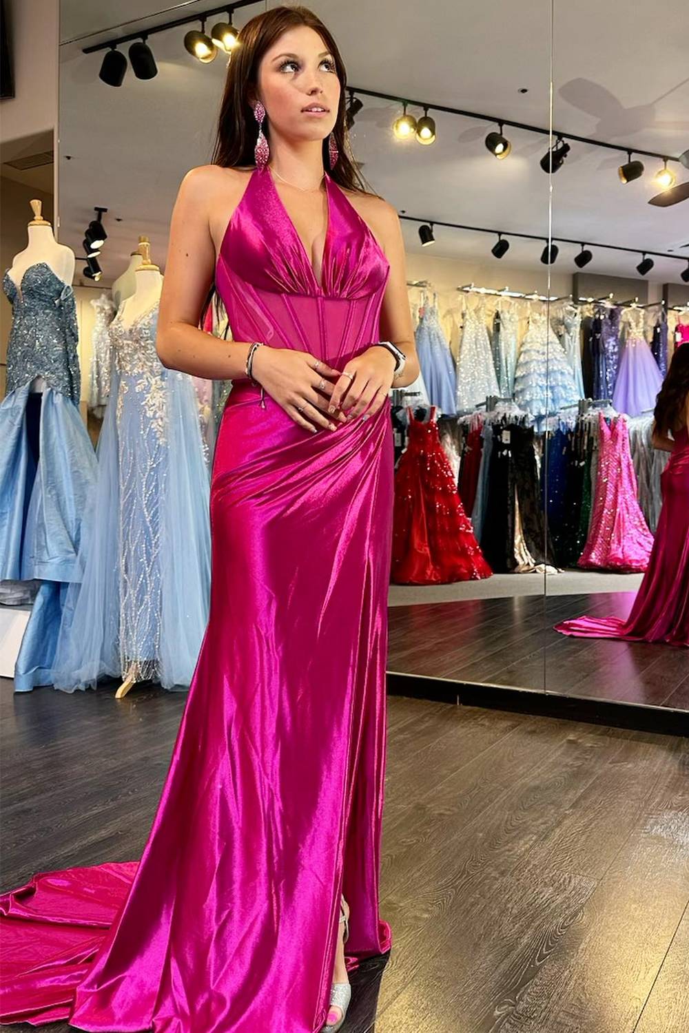 Striking Mermaid Halter-Neck Sheer-Corset High-Slit Floor-Length Prom Dress