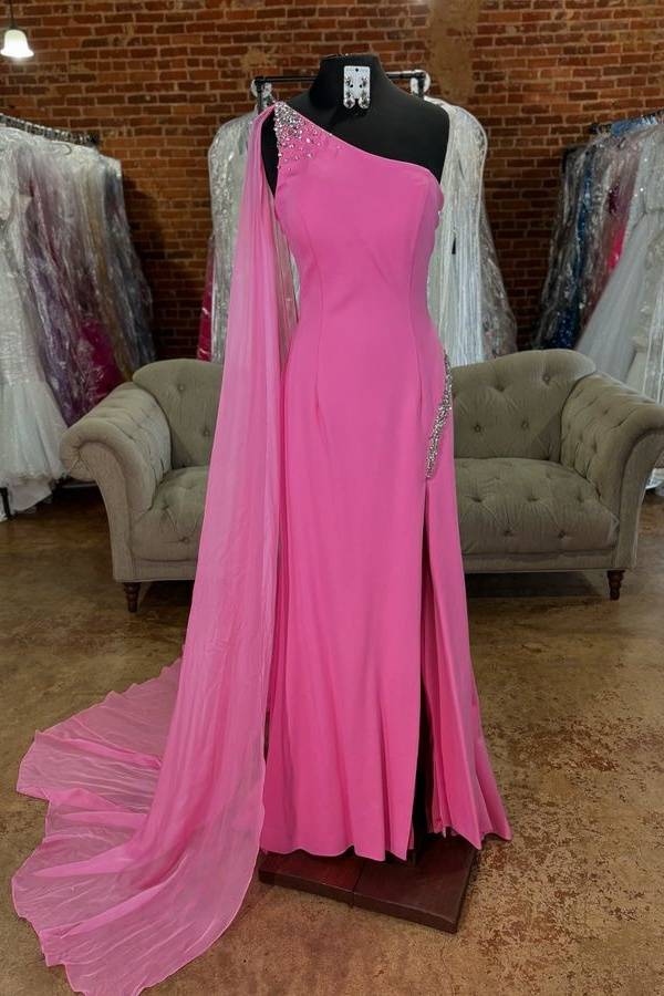 Striking Mermaid One-Shoulder Sleeveless Cape-Detailed Slit Floor-Length Prom Dress