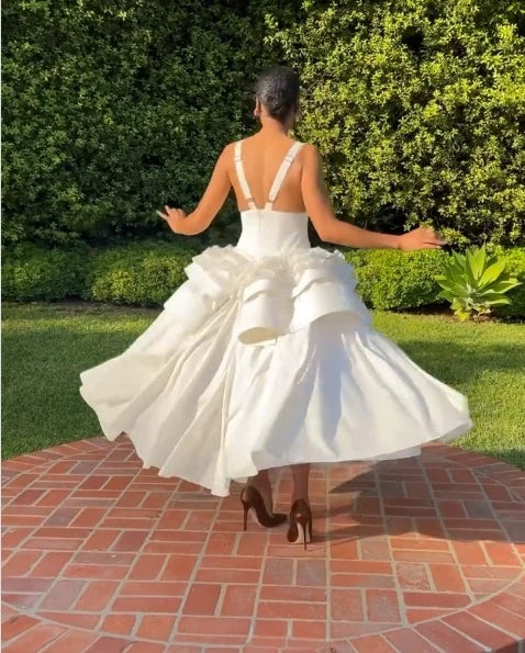 Striking Structured Prom Dresses with Deep V-Neck, Ruffle Detail and Tea-Length Skirt Formal Gown