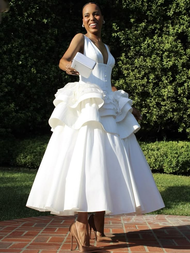 Striking Structured Prom Dresses with Deep V-Neck, Ruffle Detail and Tea-Length Skirt Formal Gown