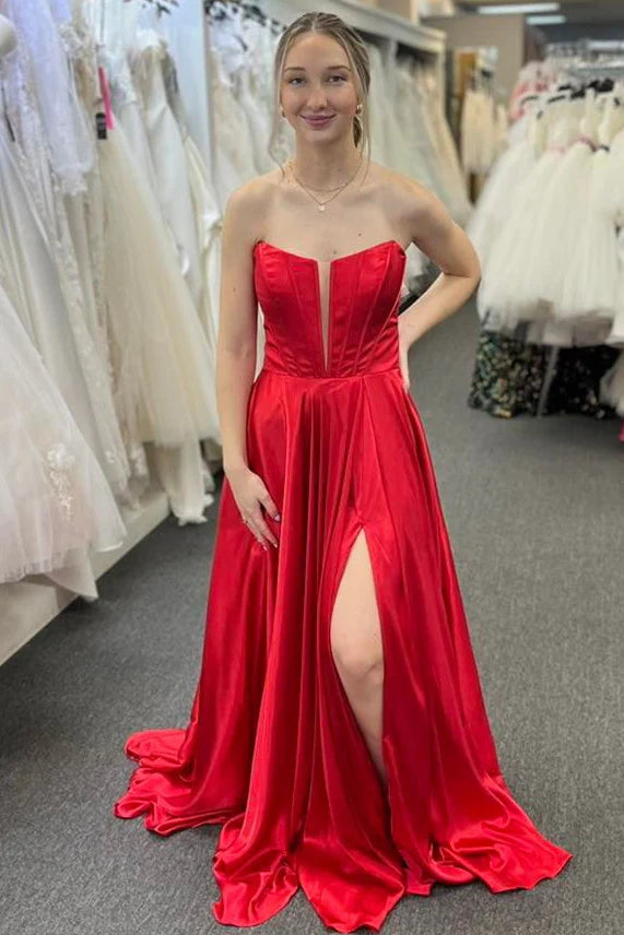 Stunning A-Line Strapless Plunge Corset Big-Back-Bow High-Slit Floor-Length Satin Prom Dress