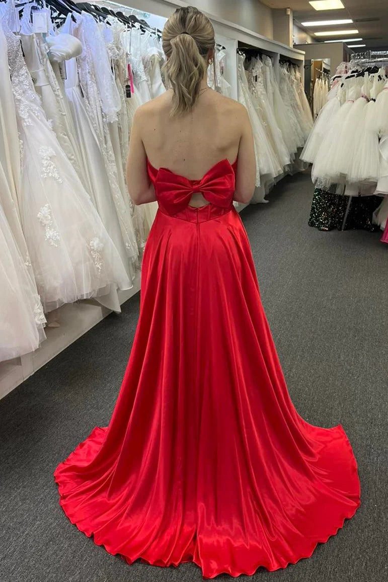 Stunning A-Line Strapless Plunge Corset Big-Back-Bow High-Slit Floor-Length Satin Prom Dress