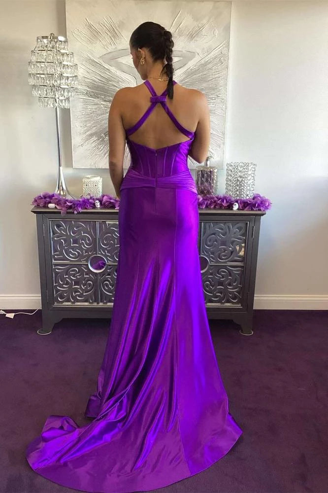 Stunning Mermaid Halter Sleeveless Open Back Slit Floor Length Prom Dress