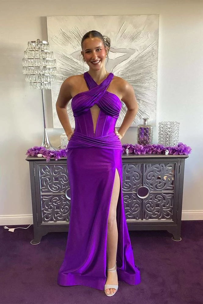 Stunning Mermaid Halter Sleeveless Open Back Slit Floor Length Prom Dress