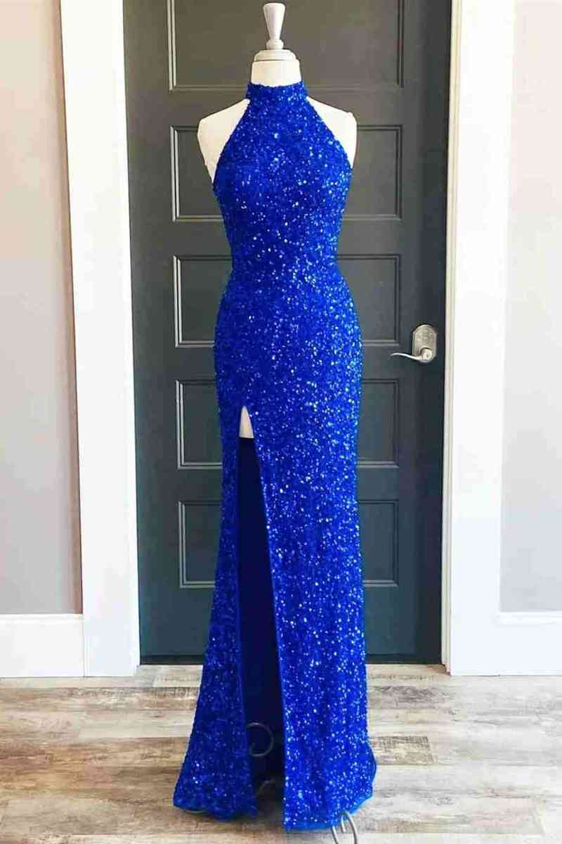 Stunning Mermaid High Neck Sleeveless Open Back Slit Floor Length Prom Dress