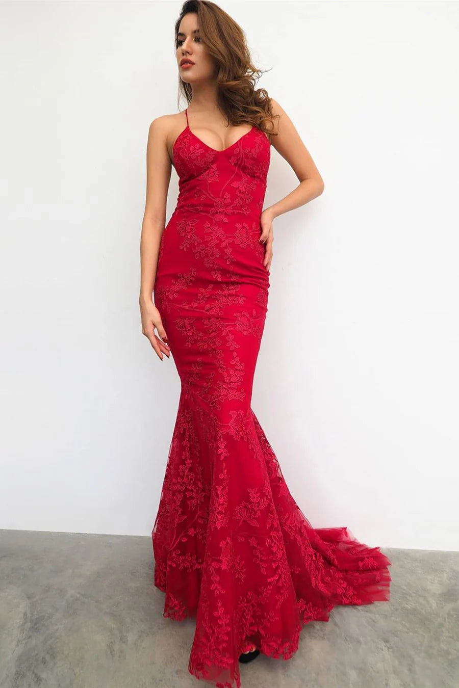 Stunning Mermaid V Neck Spaghetti Straps Criss Cross Back Floor Length Prom Dress