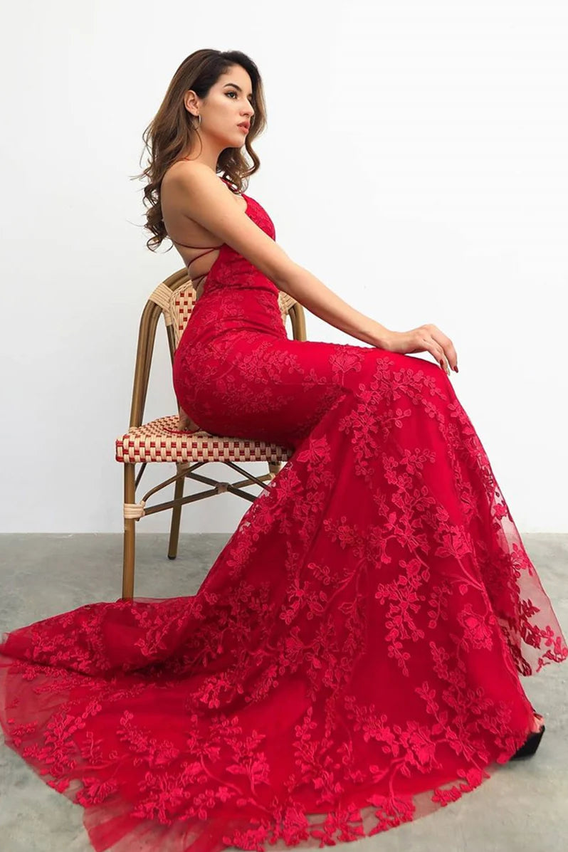 Stunning Mermaid V Neck Spaghetti Straps Criss Cross Back Floor Length Prom Dress