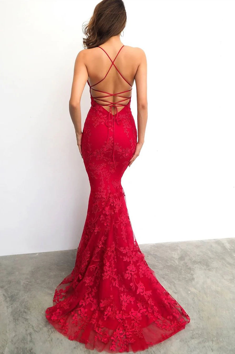 Stunning Mermaid V Neck Spaghetti Straps Criss Cross Back Floor Length Prom Dress