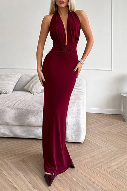 Sultry Burgundy Halter-Neck Plunging Keyhole Mermaid Maxi Evening Dress