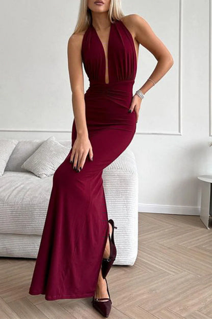 Sultry Burgundy Halter-Neck Plunging Keyhole Mermaid Maxi Evening Dress