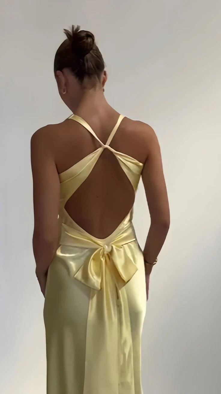 Sunny Yellow Satin Halter Neck Twist Front Tie-back Open Back Floor-length Evening Dresses