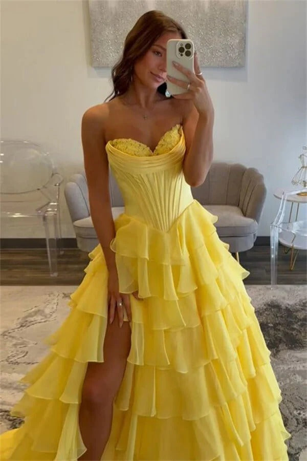 Sunshine Yellow Strapless Corset Ruffle Tiered Tulle Ball Gown with Slit